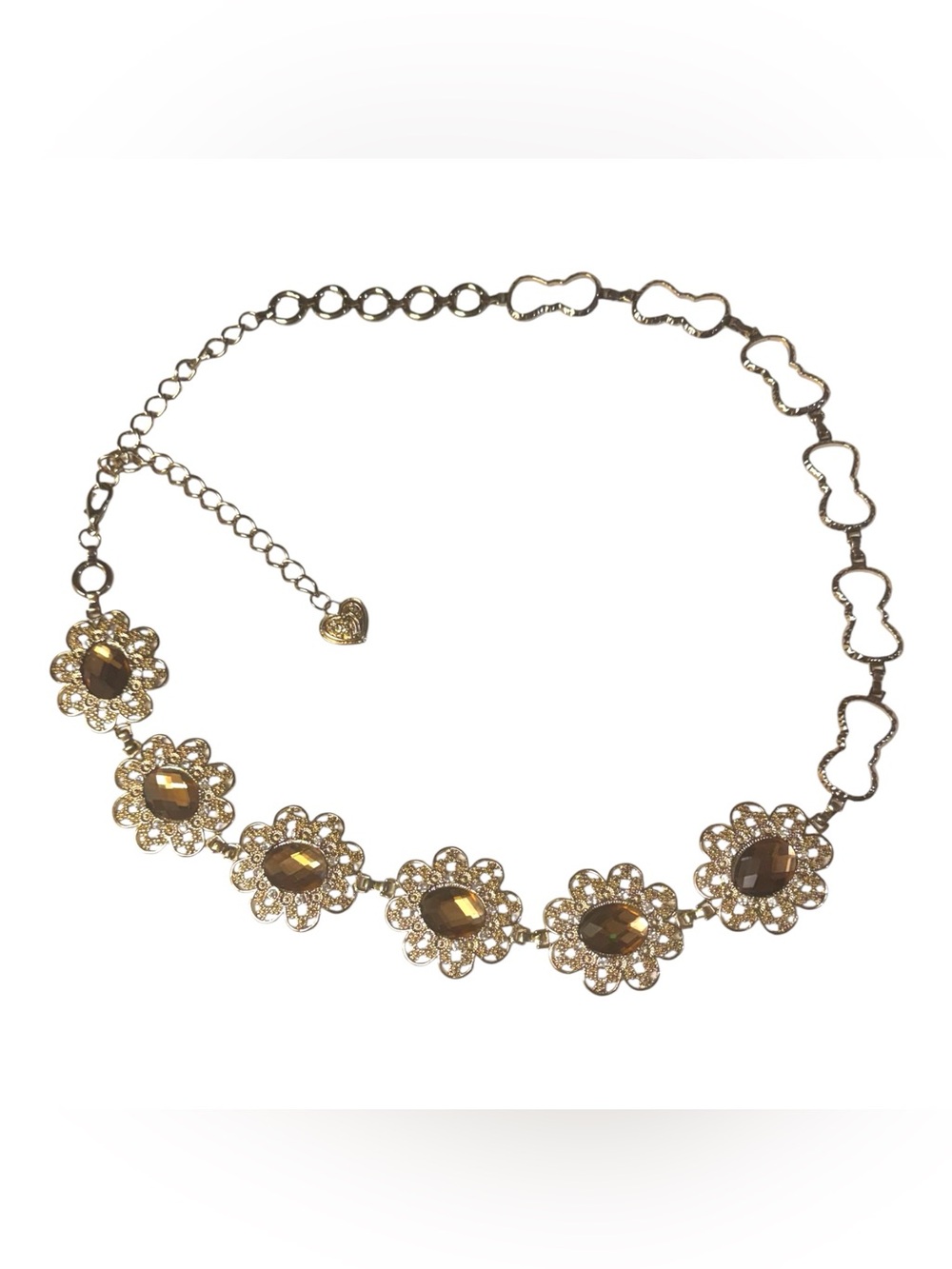 Brighton 1992 Vintage Gold Metal Amber Topaz Floral Concho Chain Belt 26-36”